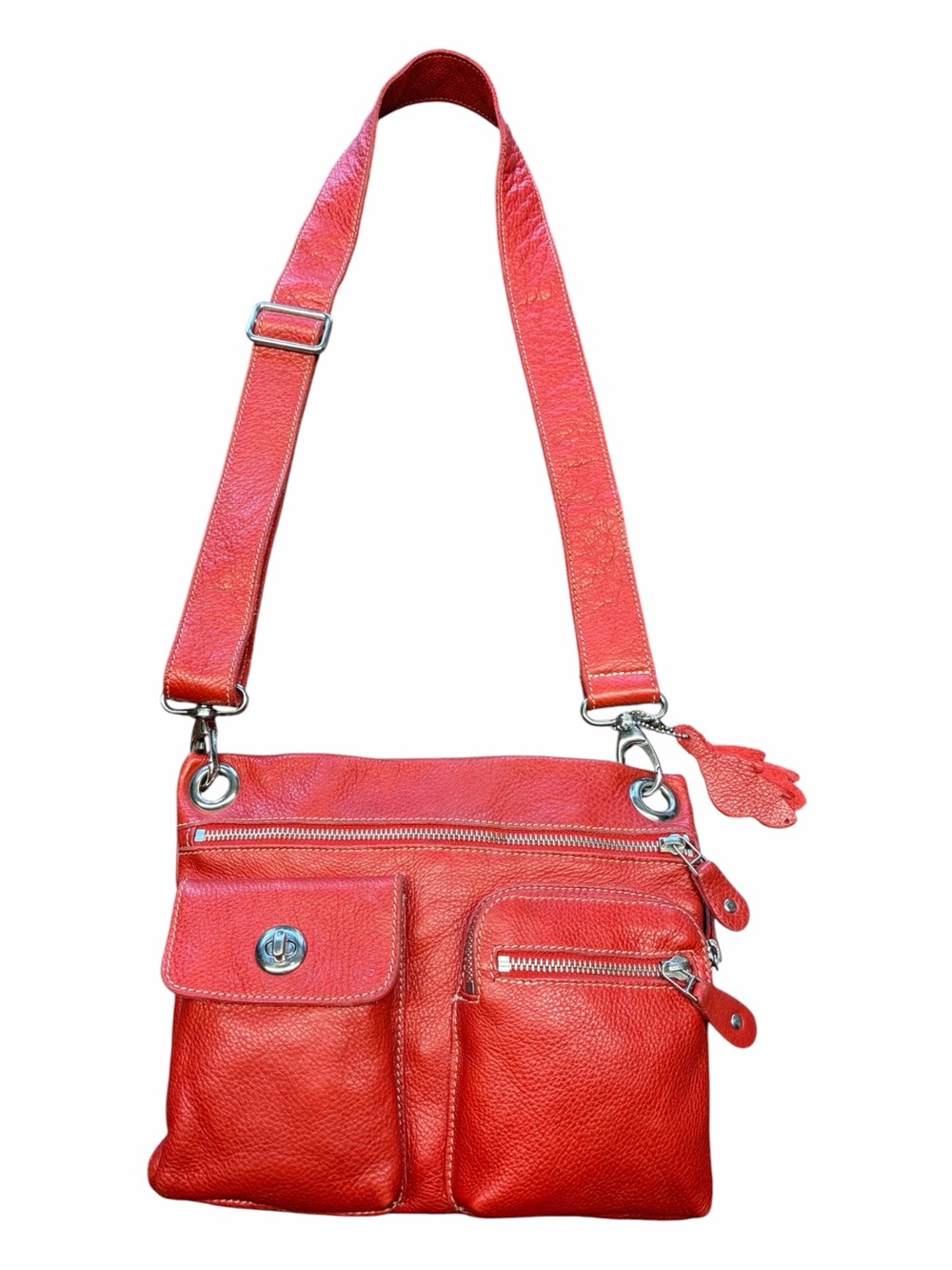 Vintage Roots Red Pebbled Leather Unlined Multi-Pocket Crossbody Purse Bag